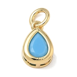 Deep Sky Blue Brass Pave Cubic Zirconia Charms, Teardrop Charms, Single Stone Charms, Long-Lasting Plated, Rack Plating, Lead Free & Cadmium Free, Real 18K Gold Plated, Deep Sky Blue, 12x8x5mm, Hole: 4mm