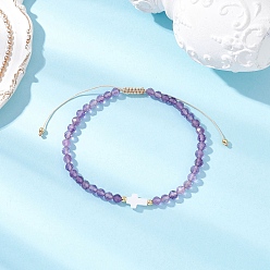 Аметист Женские плетеные браслеты из бусин натурального аметиста, круглый и крест, внутренний диаметр: 2-1/8~3-3/8 дюйм (5.5~8.5 см)