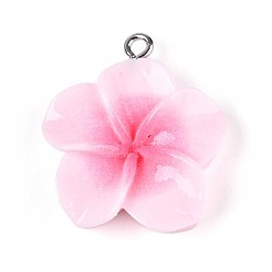 Бледно-Розовый Непрозрачные подвески смолы, плюмерия, с платиновым тоном железная петля, розовый жемчуг, 27~28x24~25x6.5~8 мм, отверстие : 2 мм