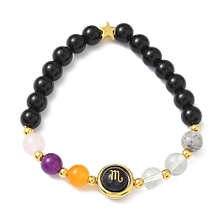 Скорпион 12 Знак зодиака натуральный черный обсидиан круглые бусины эластичные браслеты для мужчин и женщин, с синим песчаником и стеклом, Скорпион, внутренний диаметр: 2-3/8 дюйм (6 см)