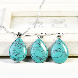 Синтетическая Бирюза Комплекты из ожерелий и серег-подвесок из синтетической бирюзы в форме капли, сплав ювелирных изделий, платина, 410 мм