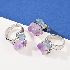 Платина Кольца-манжеты с натуральным аметистом и аквамарином, латунные регулируемые кольца для женщин, долговечный, платина, платина, 18~22 мм, внутренний диаметр: 17.5~18 мм