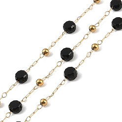 Настоящее золото 18K Ионное покрытие (ip) 304 звенья цепи из нержавеющей стали, со стеклянными бусинами и катушкой, пайки, чёрные, реальный 18 k позолоченный, 4x4.5x2.5 мм, около 32.81 футов (10 м) / рулон