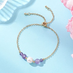 Аметист Браслеты из натуральных аметистовых бусин, латунные браслеты-цепочки со слайдерами для женщин, круглые, 9.69 дюйм (24.6 см)