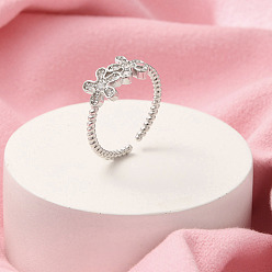 Цветок Открытые манжеты из латуни с микропаве и прозрачным цирконием для женщин, цветок, 8 мм, внутренний диаметр: 17 мм