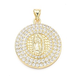 Плоский Круглый Латунные микро проложить кубического циркония подвески, плоский круглый с подвесками Девы Марии, без свинца и без кадмия, стойки покрытие, долговечный, реальный 18 k позолоченный, плоско-круглые, 27x23.5x4.5 мм, отверстие : 5x3 мм