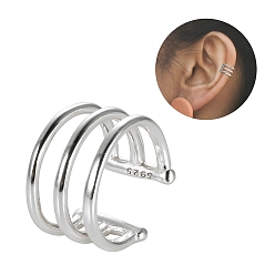 Platinum 925 Sterling Silver Cuff Earrings, Simple Three Layer Ear Holeless Versatile Earrings for Women, Platinum, 12.5x11.5mm, 7.3mm Inner Diameter