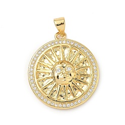 Настоящее золото 18K Латунные микро проложить кубического циркония подвески, плоские круглые с солнцем, без кадмия и без свинца, долговечный, стойки покрытие, реальный 18 k позолоченный, 26x23x4 мм, отверстие : 4x3.5 мм