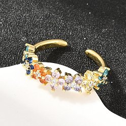 Настоящее золото 18K Открытые кольца манжеты из латуни с микропаве и кубическим цирконием, цветок, стойки покрытие, долговечный, без кадмия и без свинца, реальный 18 k позолоченный, 6.5 мм, размер США 7 1/4 (17.5 мм)