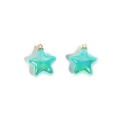 Голубой 10шт. подвески из переливающейся непрозрачной смолы с УФ-покрытием, с блестящей пудрой и золотистой петлей, звезда, голубой, 24 мм