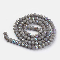 Gray Electroplate Opaque Solid Color Glass Beads Strands, Half Rainbow Plated, Faceted, Rondelle, Gray, 8x6mm, Hole: 1mm, about 65~68pcs/strand, 15.7~16.1 inch(40~41cm)