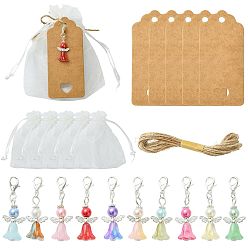Silver Angle Glass Pendant Decorations, Lobster Clasp Charms, with Organza Gift Bags, Paper Price Tags and Jute Cord, 37~37.5x14x6mm