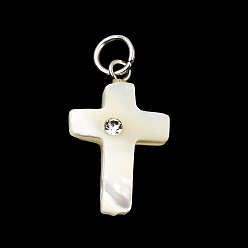 Cross Подвески из натуральной белой ракушки и хрустальных стразов, с 304 кольцом из нержавеющей стали, белые, цвет нержавеющей стали, крест очарование, 21x13x5 мм, отверстие : 4 мм