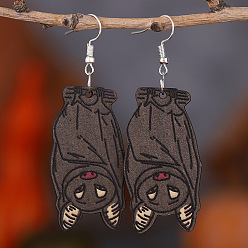 Bat Деревянные серьги на Хэллоуин, с серьгами из нержавеющей стали и крючком, платина, коричневые, летучая мышь, 70x26 мм