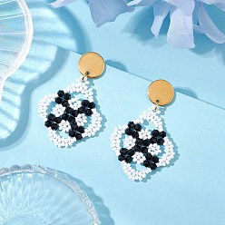 Белый 304 из нержавеющей стали серьги, с ромбовидным узором для ручного ткачества на стекле, золотые, белые, 47x30 мм