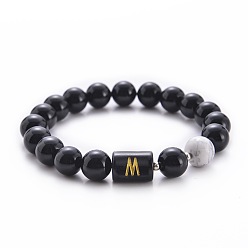 Letter M 10MM Natural Black Onyx(Dyed & Heated) and Howlite Beaded Stretch Bracelets, Alphabet Bracelets, Letter M, 6.60 inch(16.76cm)~8.50 inch(21.58cm)