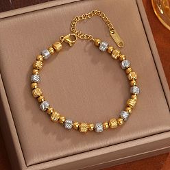 Золотой & Цвет Нержавеющей Стали Двухцветные 304 браслеты из нержавеющей стали с бусинами для женщин, колонна из саржевой линии и круглая, золотые и нержавеющая сталь цвет, 6.30 дюйм (16 см)