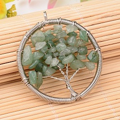 Зеленый Авантюрин Естественный зеленый авантюрин большие кулоны, латунная фурнитура с платиновым покрытием, плоские круглые с дерева жизни, 53~56x48~51x8 мм, отверстие : 4 мм