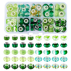 Зеленый 70 шт 10 стили смолы европейские бусины, бусины-рондели с крупными отверстиями и латунным стержнем, зелёные, 9~14x7~9 мм, отверстие : 4.5~5 мм