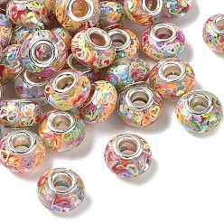 Фора Прозрачные европейские бусины-рондель из смолы, с пайетками в форме сердца и латунными сердечниками платинового тона, бусины с большим отверстием, оранжевые, 14x8.5 мм, отверстие : 5 мм