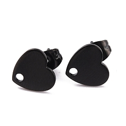 Electrophoresis Black 304 Stainless Steel Stud Earring Findings, Heart, Ion Plating(IP), Electrophoresis Black, 8.4x9x1mm, Pin: 0.8mm