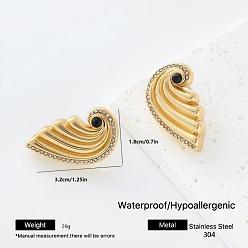 Golden 304 Stainless Steel Rhinestone Stud Earrings for Women, Sea Wave, with Resin, Golden, 32x18mm