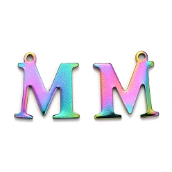 Letter M Ионное покрытие (ip) 304 подвески с алфавитом из нержавеющей стали, Радуга цветов, letter.m, 12x11.5x1 мм, отверстие : 1 мм
