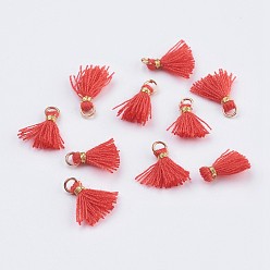 Оранжевый Нейлона кулон кистями украшения, мини-кисточка, с железной фурнитурой золотого цвета, оранжевые, 10.5~14.5x2.5~3 мм, отверстие : 2 мм