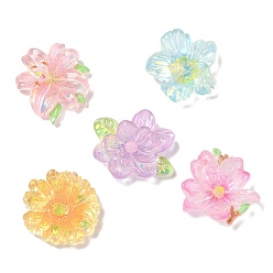 Mixed Color Transparent Resin Cabochons, Flower, with Glitter Powder, Mixed Color, 21~23x22~27x5.5~8mm