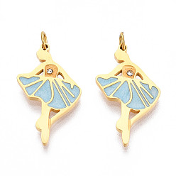 Небесно-голубой 304 нержавеющей стальной эмали подвески, с соединительным кольцом и стразами, реальный 18 k позолоченный, очарование балерины, ионное покрытие (ip), голубой, 22x13x1.5 мм, отверстие : 2.5 мм
