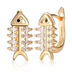 Fish Латунные серьги горный хрусталь обручем, золотые, рыба, 13 мм