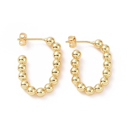 Real 18K Gold Plated Brass Beaded Oval Stud Earrings, Half Hoop Earrings for Women, Real 18K Gold Plated, 27x17x4mm, Pin: 0.8mm