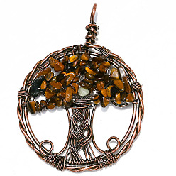 Тигровый глаз Естественно тигровый глаз большие кулоны, медная проволока, обернутая в плоском виде, с подвесками в виде деревьев, 50 мм