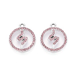 Розовый Подвески из сплава со стразами, плоский круглый и змеевидный, без кадмия, без никеля и без свинца, платина, светло-розовый, 18x15x2 мм, отверстие : 1.6 мм