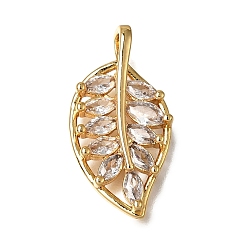 Real 18K Gold Plated Brass Micro Pave Clear Cubic Zirconia Pendants, Leaf Charms, Nickel Free, Real 18K Gold Plated, 21.5x11x3~4mm, Hole: 2x1.5mm
