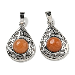 Красный Авантюрин Натуральный красный авантюрин подвески, покрытие стойки латунные полые слезы подвески, без кадмия и без свинца, платина, 29.5x19.5x7.5 мм, отверстие : 7.5x5 мм