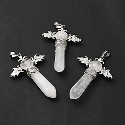 Quartz Crystal Natural Quartz Crystal Pendants, Rock Crystal Pendants, Angel Charms, with Rack Plating Platinum Tone Brass Findings, Cadmium Free & Lead Free, 52~53x37x11mm, Hole: 8x5mm