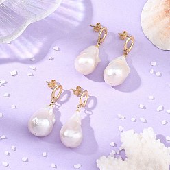 Golden Natural Baroque Pearl Keshi Pearl Dangle Earrings, Brass Stud Earrings for Women, Nuggest, Golden, 40x16~17.5mm