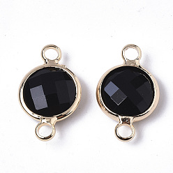 Black Glass Links, with Real 18K Gold Plated Brass Findings, Nickel Free, Faceted, Flat Round, Black, 17.5x10.5x4.5mm, Hole: 1.8mm