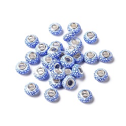 Синий Непрозрачная смола европейский бисер, бусины с большим отверстием, рондель с латунными сердечниками, покрытыми серебром, синие, 14x7.5 мм, отверстие : 5 мм