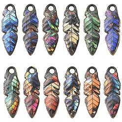 Mixed Color 24Pcs 12 Colors Zinc Alloy Pendants, Leaf, Mixed Color, 27.5x9x2mm, Hole: 2.8mm, 2pcs/color