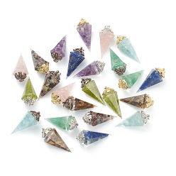 Mixed Stone Resin Pointed Pendants, with Natural Mixed Gemstone Inside and Brass Findings, Faceted, Cone/Spike/Pendulum, 43.5x17x19.5mm, Jump Ring: 6x1mm, 4mm Inner Diameter
