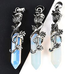 Опал Опаловый граненый двойной конечный заостренный большой кулон, Подвески в виде шестиугольной призмы с розой в оболочке из сплава, античное серебро, 51~53x14x10.5 мм, отверстие : 4.5 мм