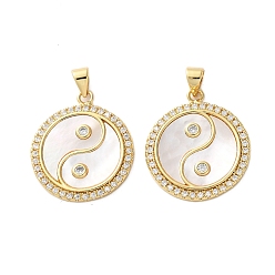 Настоящее золото 18K Латунные микро проложить кубического циркония подвески, с оболочкой, плоский круг с китайскими амулетами тайцзи, стойки покрытие, прочное покрытие, без кадмия и без свинца, реальный 18 k позолоченный, 25x21.5x2.5 мм, отверстие : 4.5x3.5 мм