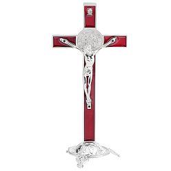 Brique Rouge Décorations de crucifix de saint Benoît en alliage émaillé, avec base, pour les décorations de maison d'église, firebrick, 96x72x210mm
