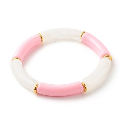 Pink Acrylic Tube Beaded Stretch Bracelets, with Brass Beads, Pink, Inner Diameter: 2-1/8 inch(5.5cm)