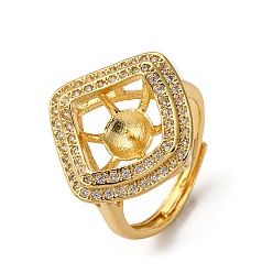 Золотой Ромбовидная латунь микропаве прозрачный кубический цирконий регулируемые настройки кольца, за половину пробурено бисера, без кадмия и без свинца, стойки покрытие, долговечный, золотые, лоток : 12.5x12.5 мм, штифты : 1 мм, внутренний диаметр: 19 мм