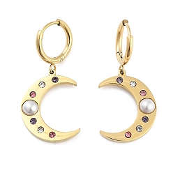 Настоящее золото 18K Левая и правая луна 304 серьги-подвески из нержавеющей стали, Женские серьги-кольца из АБС-пластика с жемчугом и стразами, реальный 18 k позолоченный, 37x20 мм