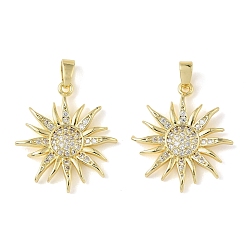 Настоящее золото 18K Латунные микропаве прозрачные подвески с фианитом, солнечные чары, долговечный, реальный 18 k позолоченный, 22x20x2.5 мм, отверстие : 4x2.5 мм