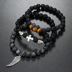 Античное Серебро 3шт. браслеты из натуральных смешанных драгоценных камней с бусинами для мужчин, крест и крыло, античное серебро, внутренний диаметр: 2-1/8 дюйм (5.5 см)